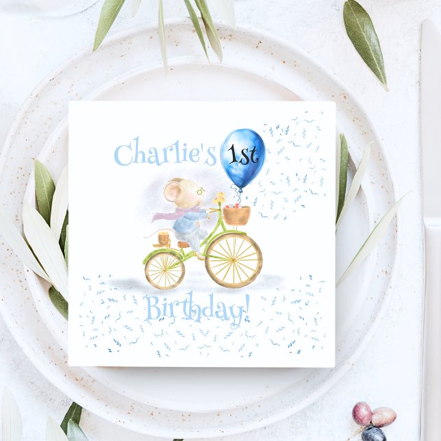 Cute Mouse Animal Bicycle Boy 1st Birthday Party Pappersservett (Cute Mouse Animal Riding Vintage Bicycle & 1st Birthday Party Balloon, party napkins & serviettes)