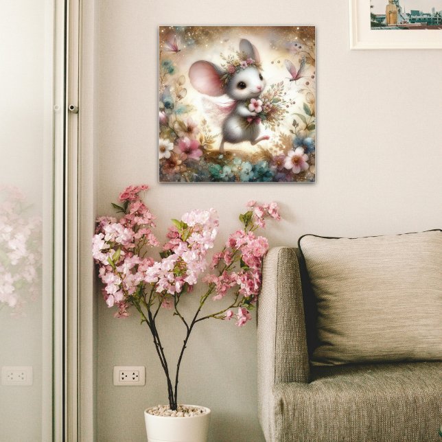 Cute Mouse-bärare Flowers Watercolor Glitter Poster (Skapare uppladdad)