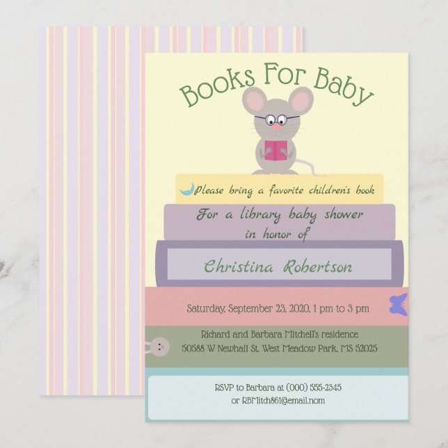 Cute Mouse Bibliotek Baby Shower i Pinks Inbjudningar (Fram/baksida)