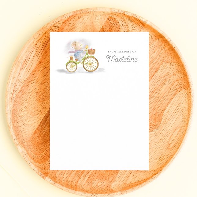 Cute Mouse from Desk of Personlig Stationery Anteckningskort (Front - Simple Chic Cute Mouse on Vintage Bicycle From the Desk of Personalized Stationery Note Card)