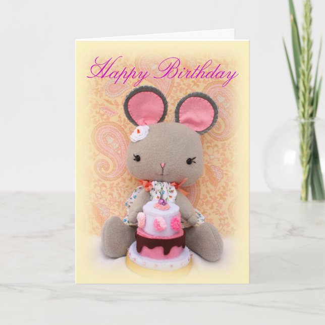 Cute Mouse Girl Doll with Cake Birday Card Kort (Framsida)