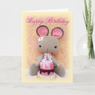 Cute Mouse Girl Doll with Cake Birday Card Kort