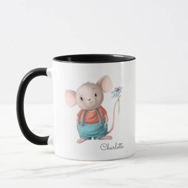 Cute Mouse Holding Flower Personlig Namn Mugg (Vänster)