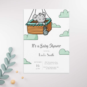 Cute Mouse i Ballon Basket Neutralt Baby Shower Inbjudningar
