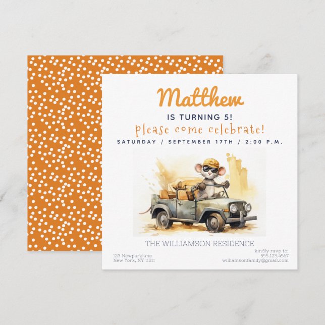 Cute Mouse i en inbjudan till Barns födelsedag-par (Fram/baksida)