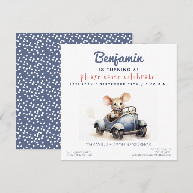 Cute Mouse i en inbjudan till Barns födelsedag-par (Fram/baksida)