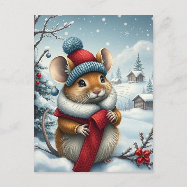 Cute Mouse i Preppy Winter Attire och Hat Winter Helg Vykort (Framsida)