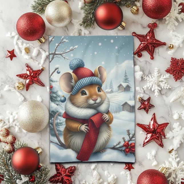 Cute Mouse i Preppy Winter Attire och Hat Winter Kökshandduk (Skapare uppladdad)