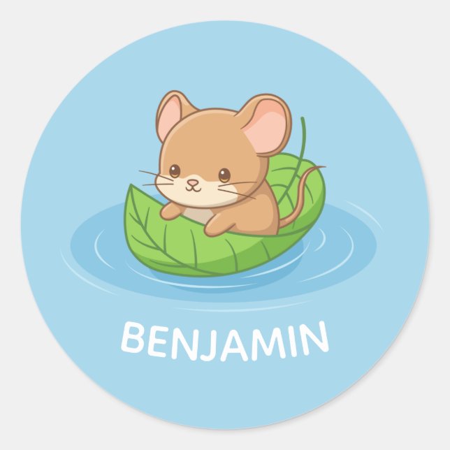 Cute Mouse in a Leaf Boat Blue Custom Name Runt Klistermärke (Framsida)