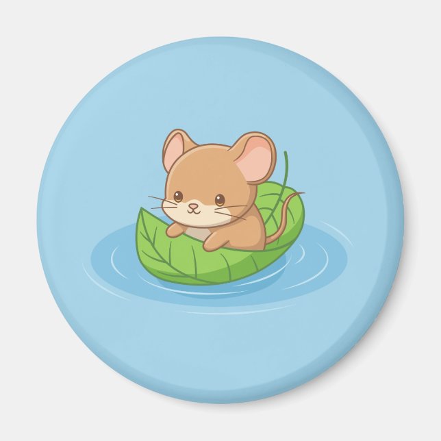 Cute Mouse in a Leaf Boat Blue Magnet (Framsidan)