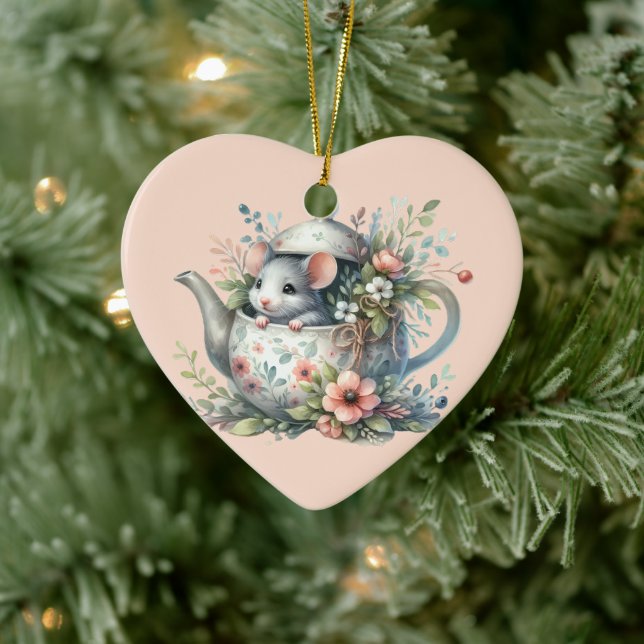 Cute Mouse in Blommigt Tekanna Illustration Julgransprydnad Keramik (Träd)