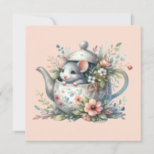 Cute Mouse in Blommigt Tekanna Illustration Julkort