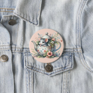Cute Mouse in Blommigt Tekanna Illustration Knapp