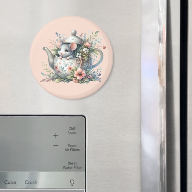 Cute Mouse in Blommigt Tekanna Illustration Magnet (In Situ (Fridge))