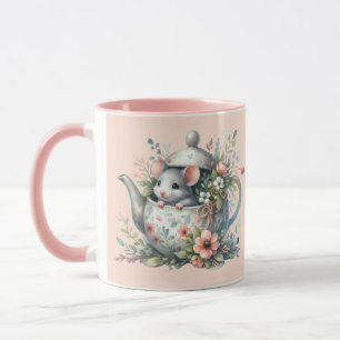 Cute Mouse in Blommigt Tekanna Illustration Mugg