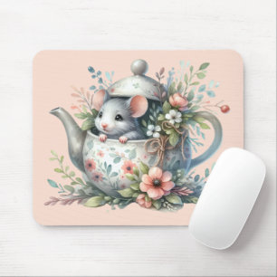 Cute Mouse in Blommigt Tekanna Illustration Musmatta