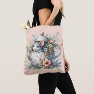 Cute Mouse in Blommigt Tekanna Illustration Tygkasse
