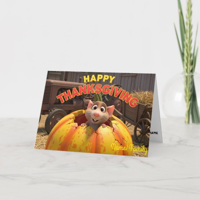 Cute Mouse in Pumpkin – Happy Thanksgiving Farm Helgkort (Framsida)