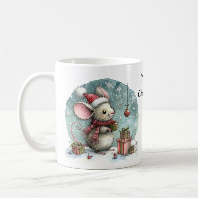 Cute Mouse in Santa Hat med Wrapped Gifts Kaffemugg (Vänster)