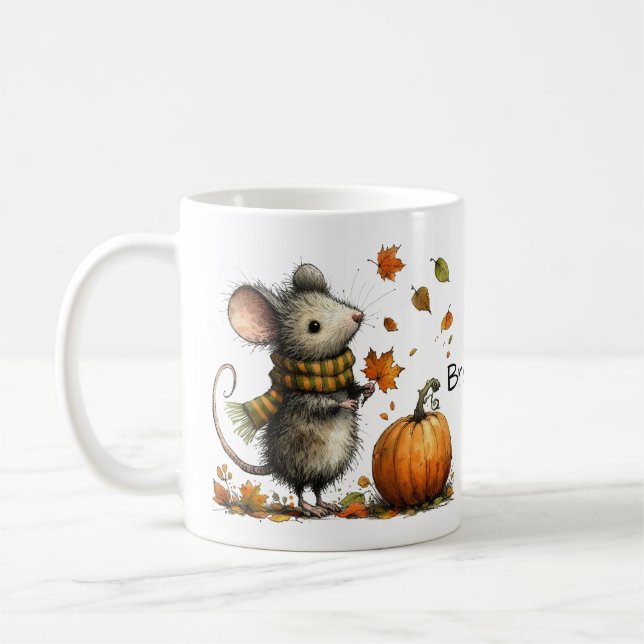 Cute Mouse med Pumpkin och Löv faller estetiskt Kaffemugg (Vänster)
