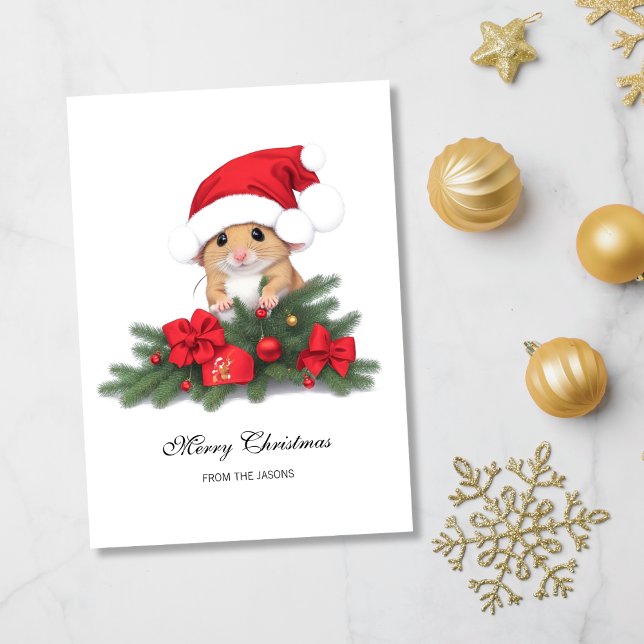 Cute Mouse med Red Hat Julafton Personlig Julkort (Cute Mouse with Red Santa Hat Holiday Card)