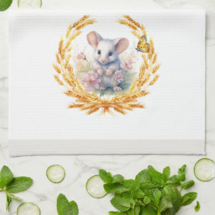 Cute Mouse med Wheat Kitchen Towel White & Grått Kökshandduk