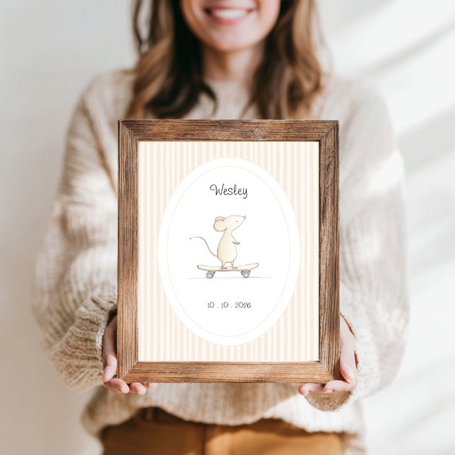Cute Mouse Nursery Name Date Poster (customizable name date baby nursery poster with a cute mouse at a skateboard and beige stripes.)