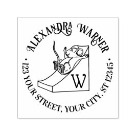 Cute Mouse on Cheese Slide Namn Adress Initial Självfärgande Stämpel