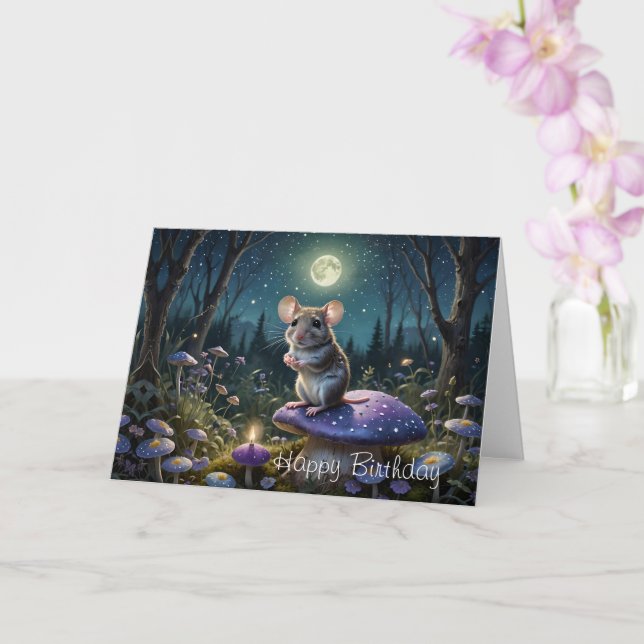 Cute Mouse on Mushroom in Moonlight Birthday Kort (Orkide)