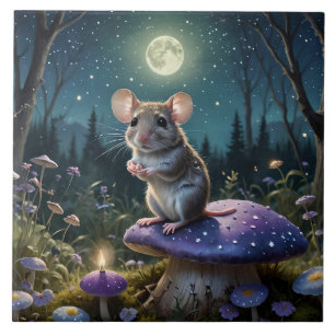 Cute Mouse on Mushroom in Moonlight Kakelplatta