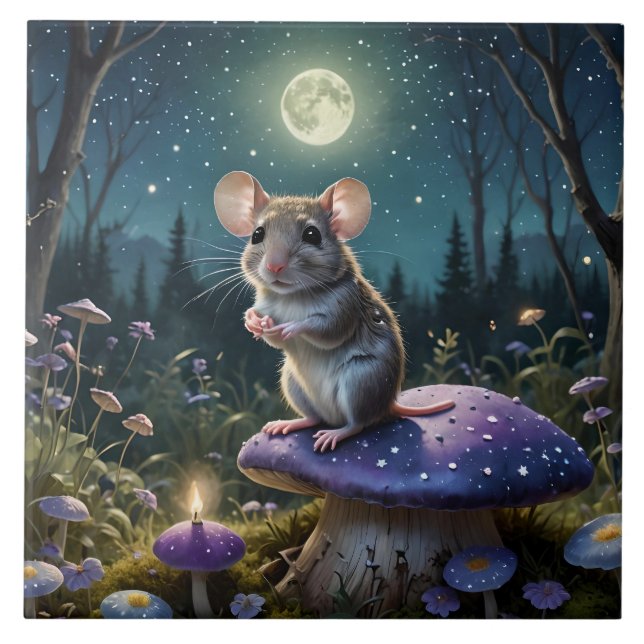 Cute Mouse on Mushroom in Moonlight Kakelplatta (Framsidan)