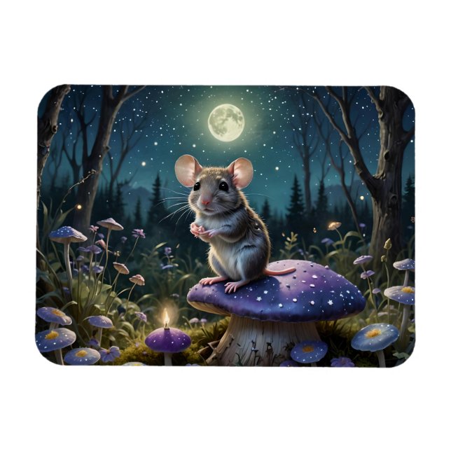 Cute Mouse on Mushroom in Moonlight Magnet (Horisontell)
