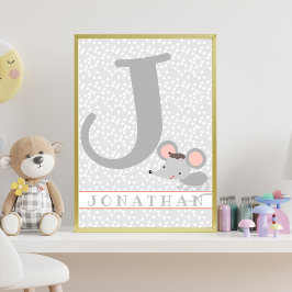 Cute Mouse & Polkadots Personlig Boy Nursery Poster