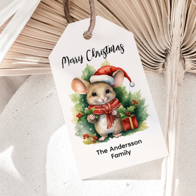 Cute Mouse Red Santa Hat jul Helgdag Namn Presentetikett (Cute Christmas mouse custom gift tag)