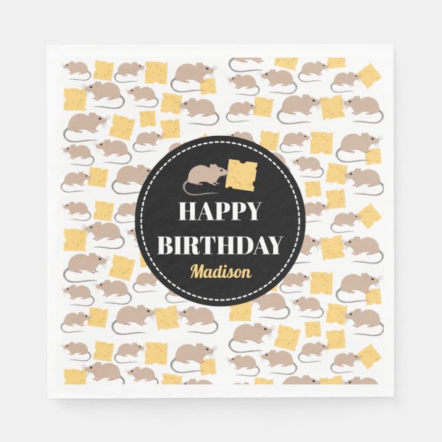 Cute Mouse Rodent Eating Cheese Birthday Pappersservett (Framsidan)
