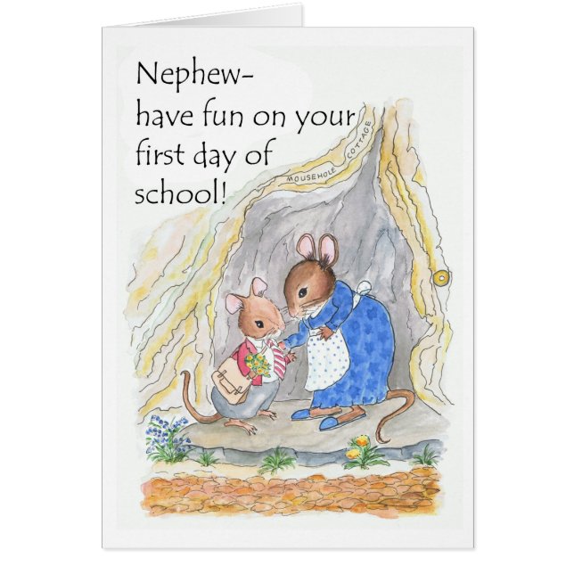 Cute Mouse Roligt Första skoldagen i Nephew Hälsningskort (Framsidan)