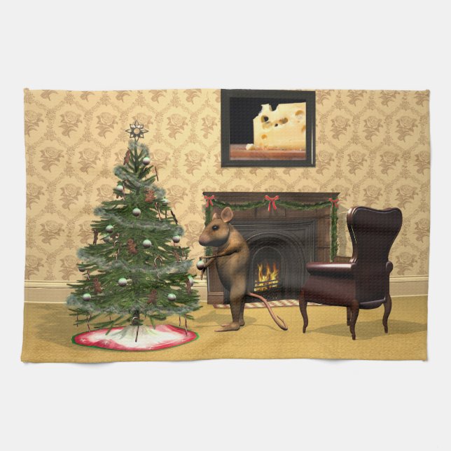 Cute Mouse som dekorerar Julgran Kökshandduk (Horisontell)