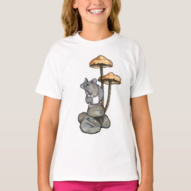 Cute Mouse Standing on Rocks, with Mushrooms T Shirt (Framsida)