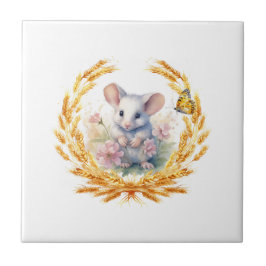 Cute Mouse Wheat Butterfly Tile White Blommigt Kakelplatta