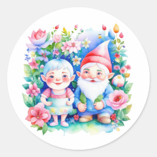 Cute Mr och Garden Gnomes with Flowers Runt Klistermärke
