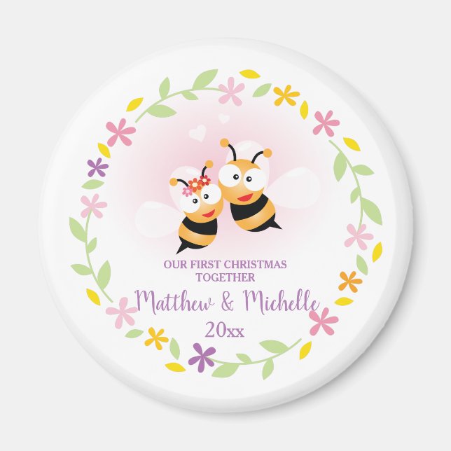 Cute Mr. och Mrs. Honung Bee First God God Jul. Magnet (Framsidan)