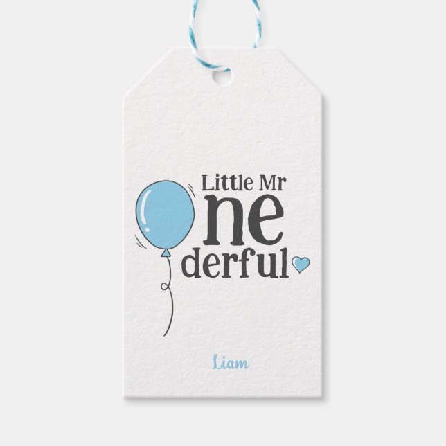 Cute Mr Onederful Blue Balloon Anpassningsbar Presentetikett (Framsidan)