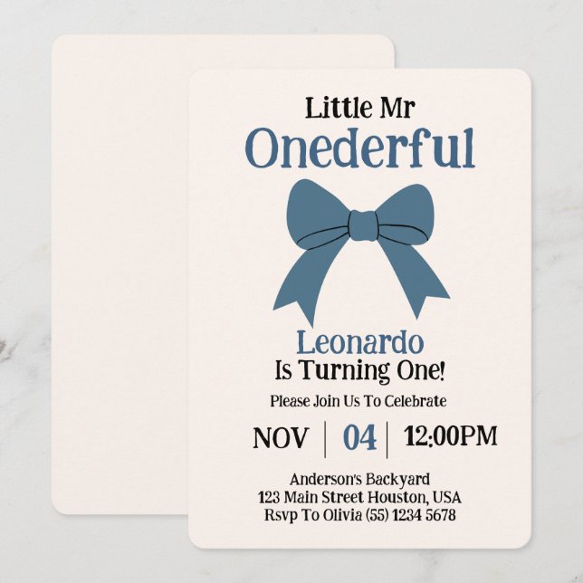 Cute Mr Onederful Blue Bow Boy 1st Birthday Inbjudningar (Fram/baksida)
