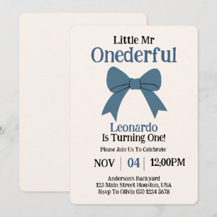 Cute Mr Onederful Blue Bow Boy 1st Birthday Inbjudningar