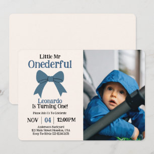 Cute Mr Onederful Blue Bow Boy 1st Birthday Photo Inbjudningar