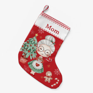 Cute Mrs. Claus Träd Pepparkaksgubbe Red Gingham Liten Julstrumpa