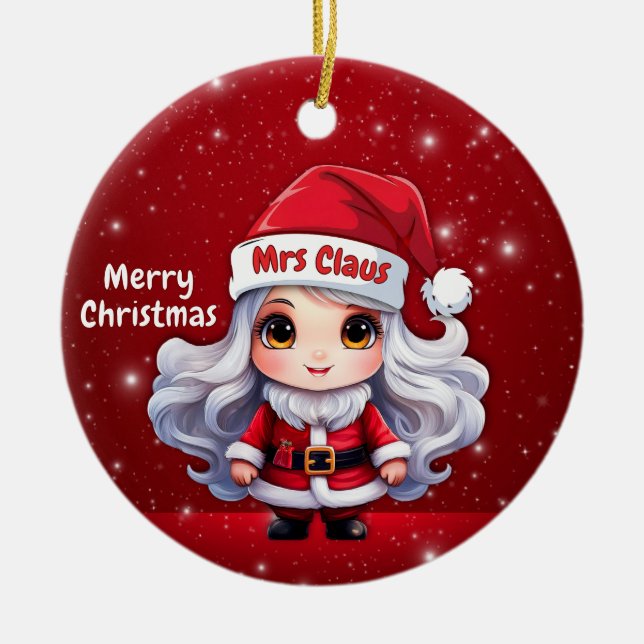 Cute Mrs Santa Claus Character Berry Red Snowy🎄 Julgransprydnad Keramik (Framsidan)