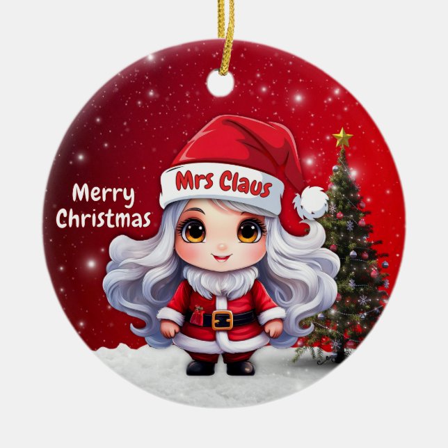 Cute Mrs Santa Claus Character Berry Red Snowy🤶🎄 Julgransprydnad Keramik (Framsidan)
