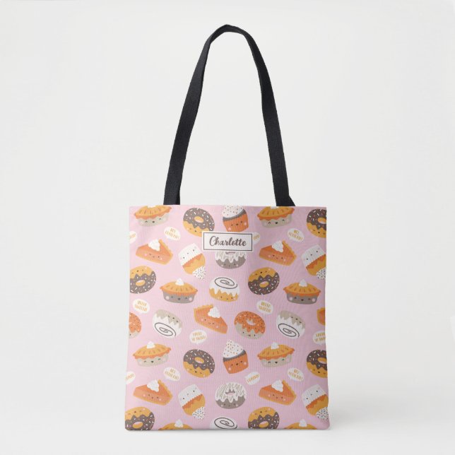 Cute muffinsar, donationer och paj på ljus rosa tygkasse (Framsida)