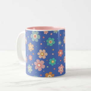 Cute Multifärgad blomma Mönster på blå Två-Tonad Mugg